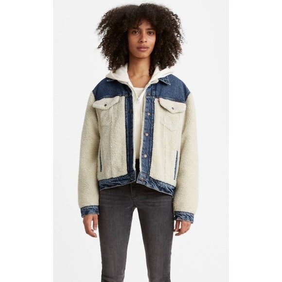 Levi’s Women's Sz L Pieced Sherpa Ex-Boyfriend Blue Trucker Jacket - Picture 1 of 15